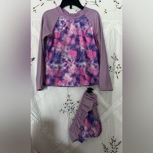 Purple and Pink Tie-Dye Long Sleeve Swim Top and Ruffle Bottom